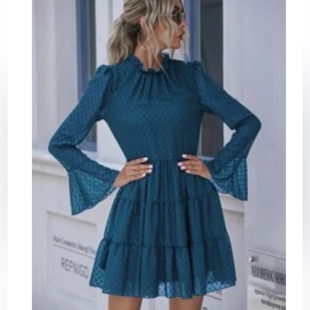 Swiss Dot Frill Trim Ruffle Hem Sleeve Dress